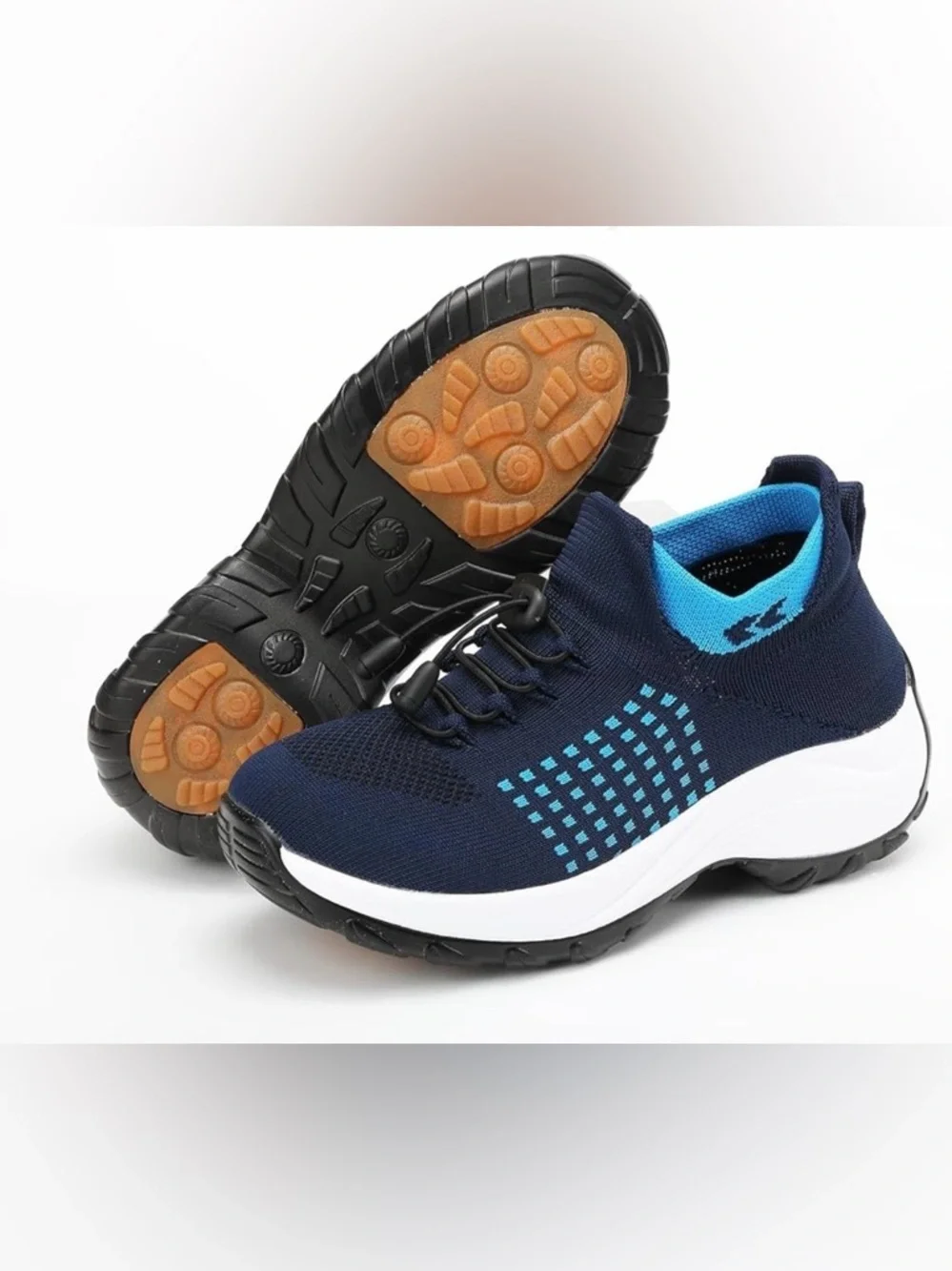 Women’s Navy Knit Athletic Sneakers with Light Blue Trim and White Midsole